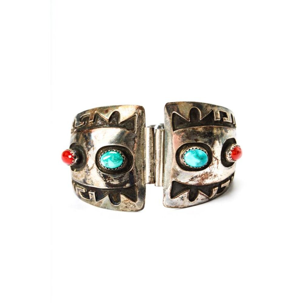 Designer Unisex 925 Silver + S Steel Turquoise + Coral Southwest Watch Band 6" - Picture 2 of 9